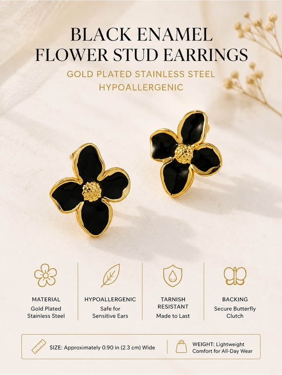 Unbranded Jewelry - Black Enamel Flower Stud Earrings on Hypoallergenic Gold Plated Stainless Steel